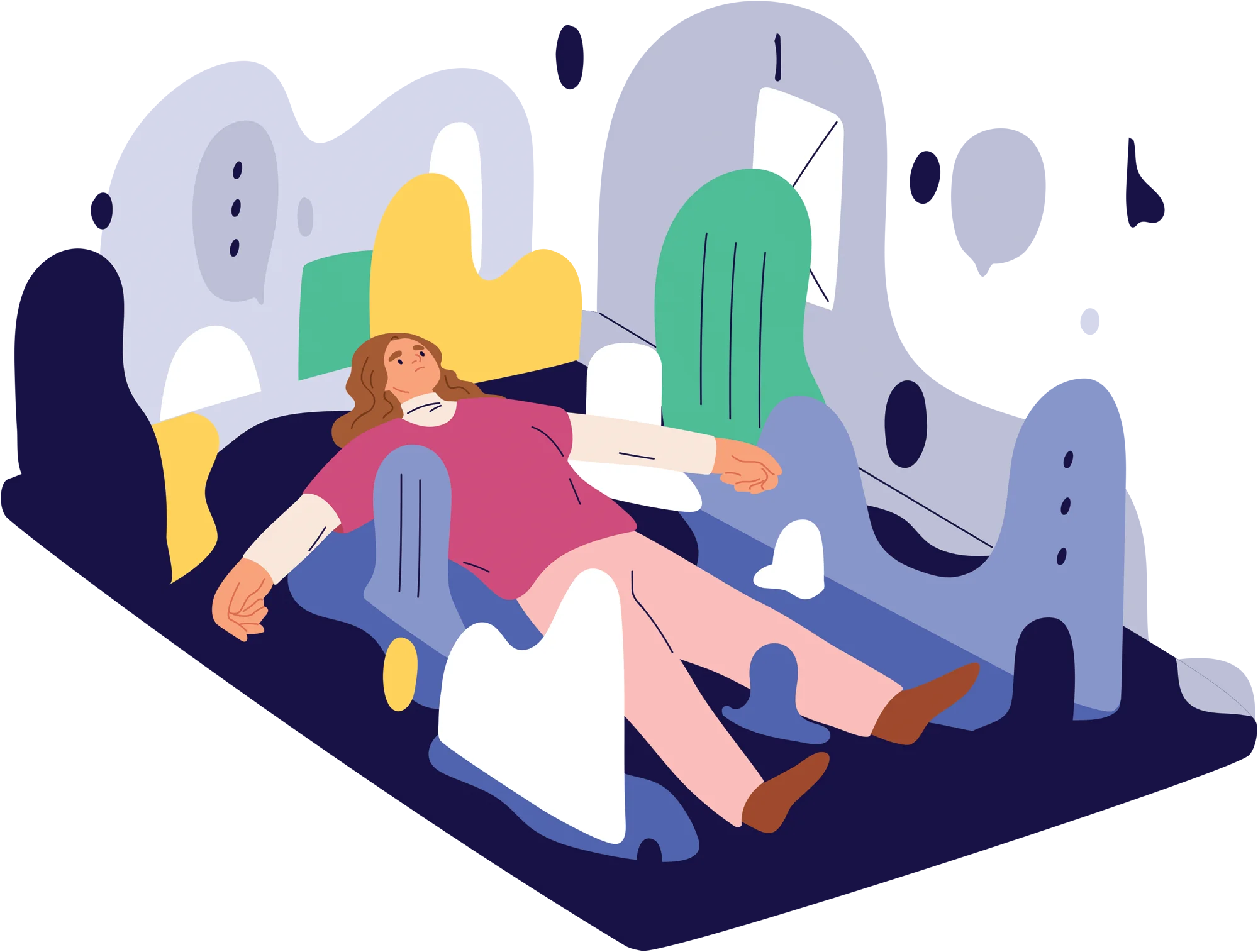Illustration of a person lying down in a stylized room with abstract shapes