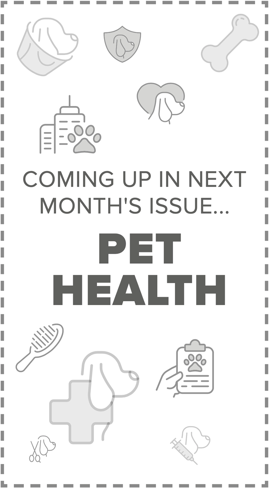 COMING UP IN NEXT MONTH'S ISSUE... PET HEALTH digital graphic image containing dark grey colored pet health care themed digital vector icon symbols such as a dog bowl, a bone, a grooming brush, a medical cross, a syringe, and a clipboard