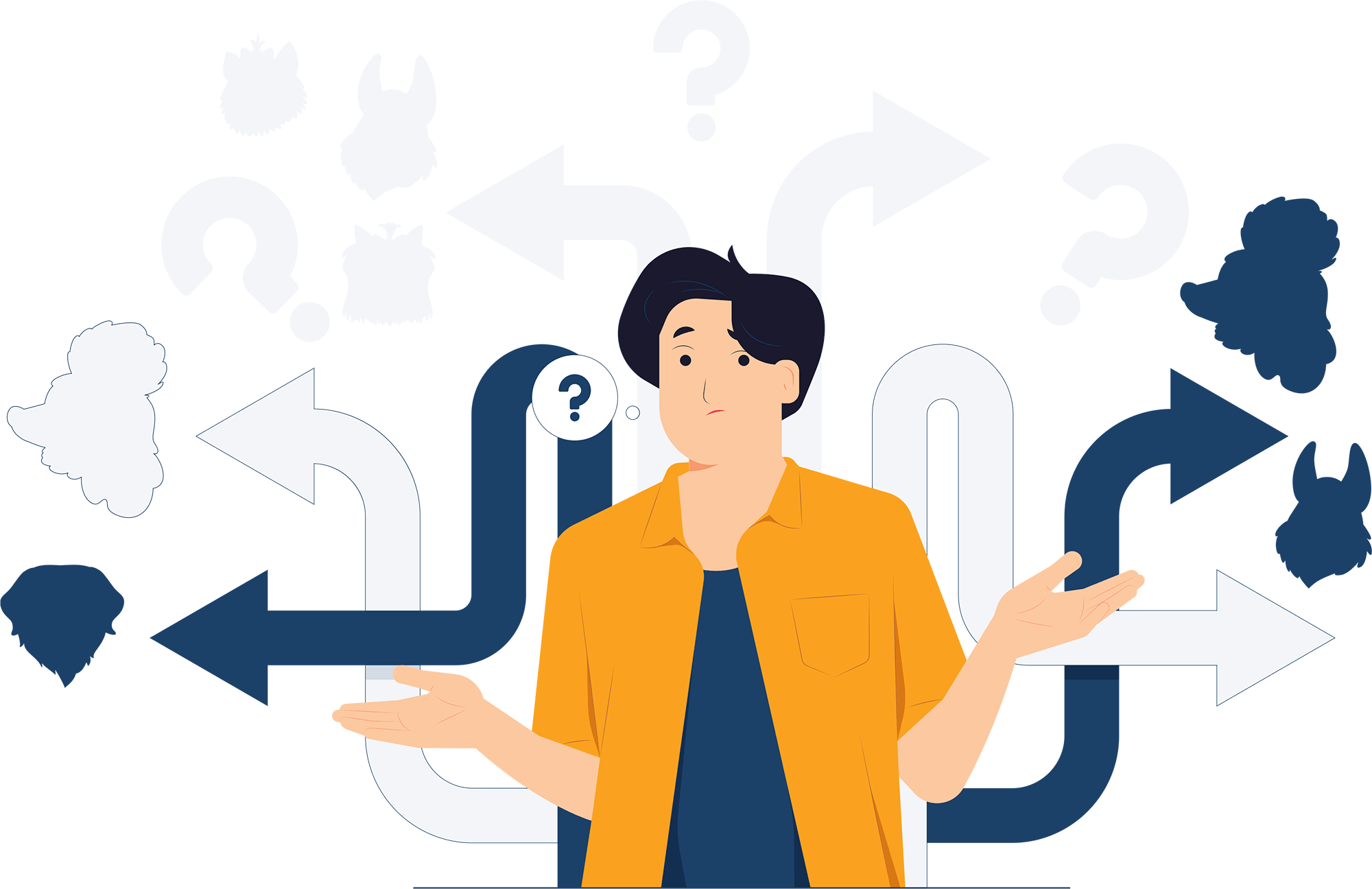 digital illustration of confused man with his hands up with arrows going in various directions and silhouettes of different dogs around his head