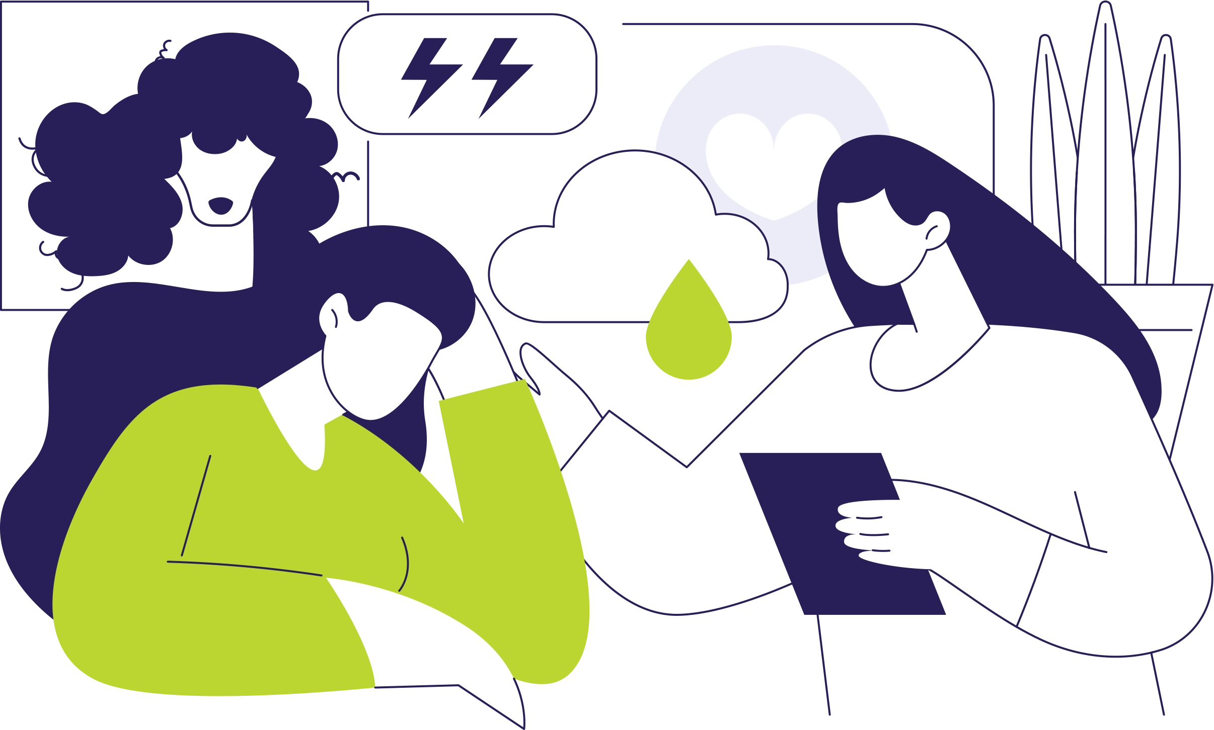 Stylized line drawing of three people discussing mental health. One person looks down in sadness while another offers support. Icons of a heart, lightning, and rain symbolize emotional struggle.