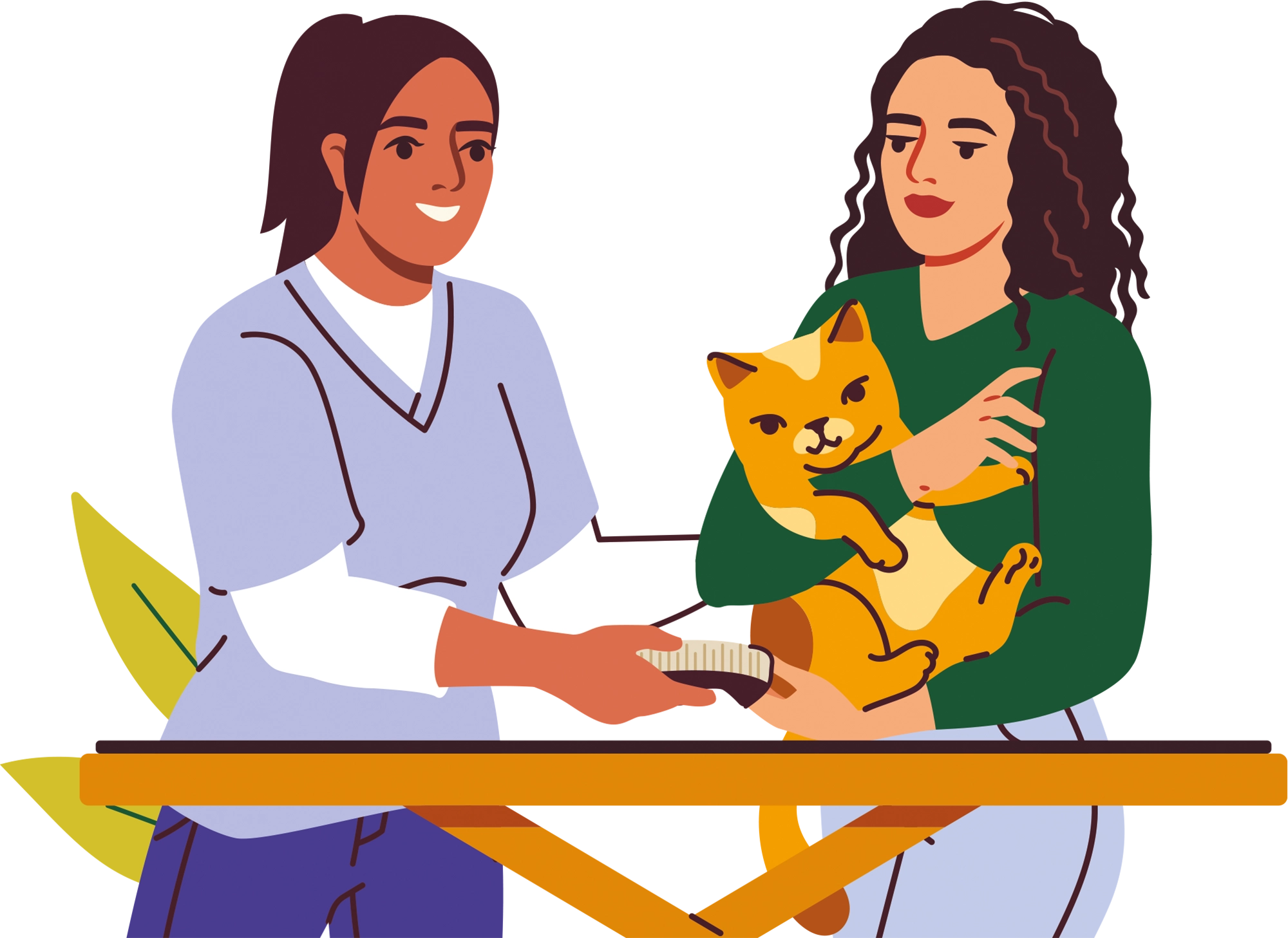 A flat vector illustration of two women caring for an orange cat on a wooden table. One woman, in a lavender scrub top, is brushing the cat's paw, while the other woman, in a green sweater, holds the cat.