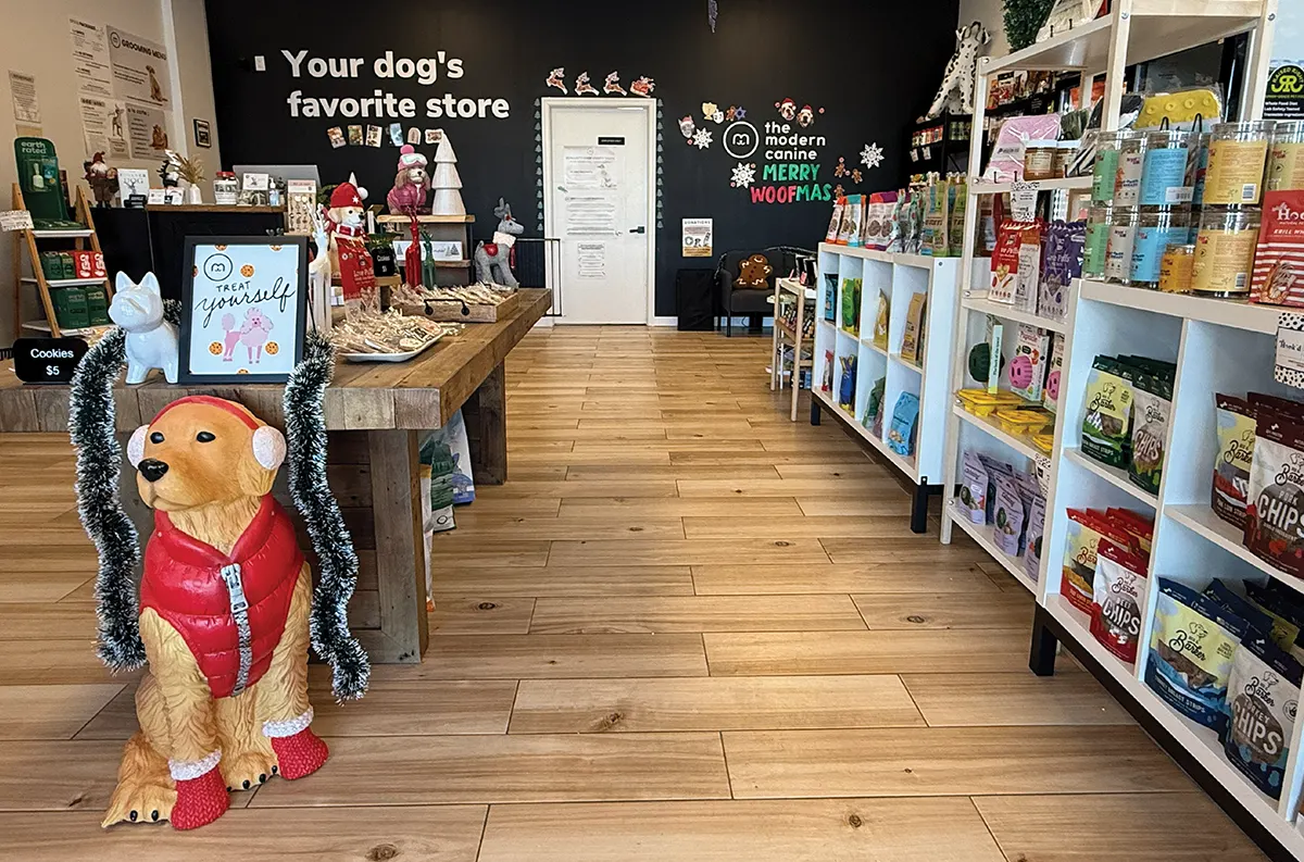 Interior view of a festive dog store showing product displays, holiday decorations, and shelves filled with treats.