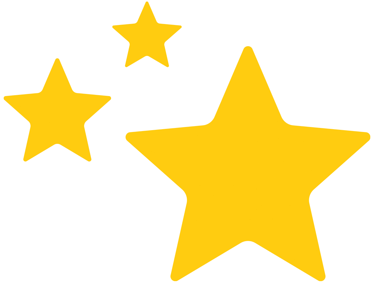 A simple graphic illustration of three yellow stars in varying sizes.