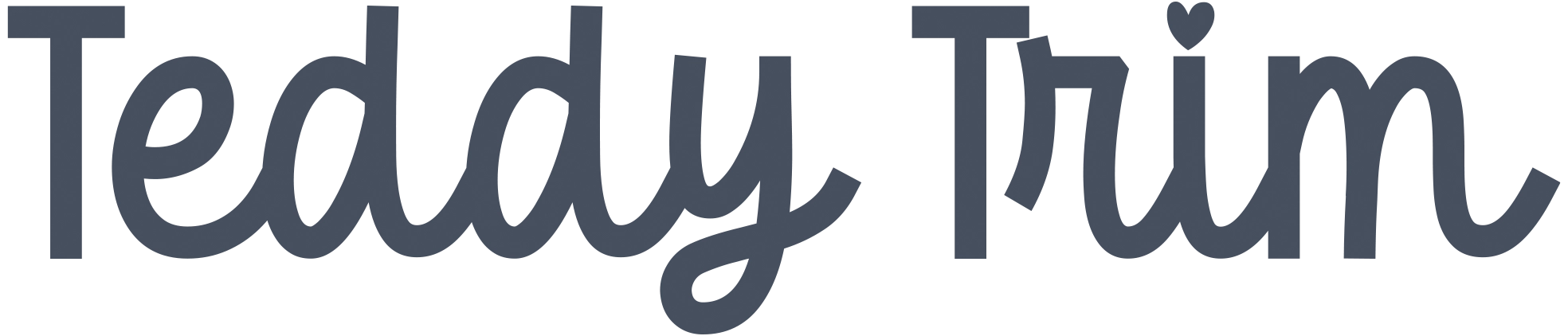 Stylized navy blue text in a cursive font that reads "Teddy Trim," with a small heart dotting the letter "i."