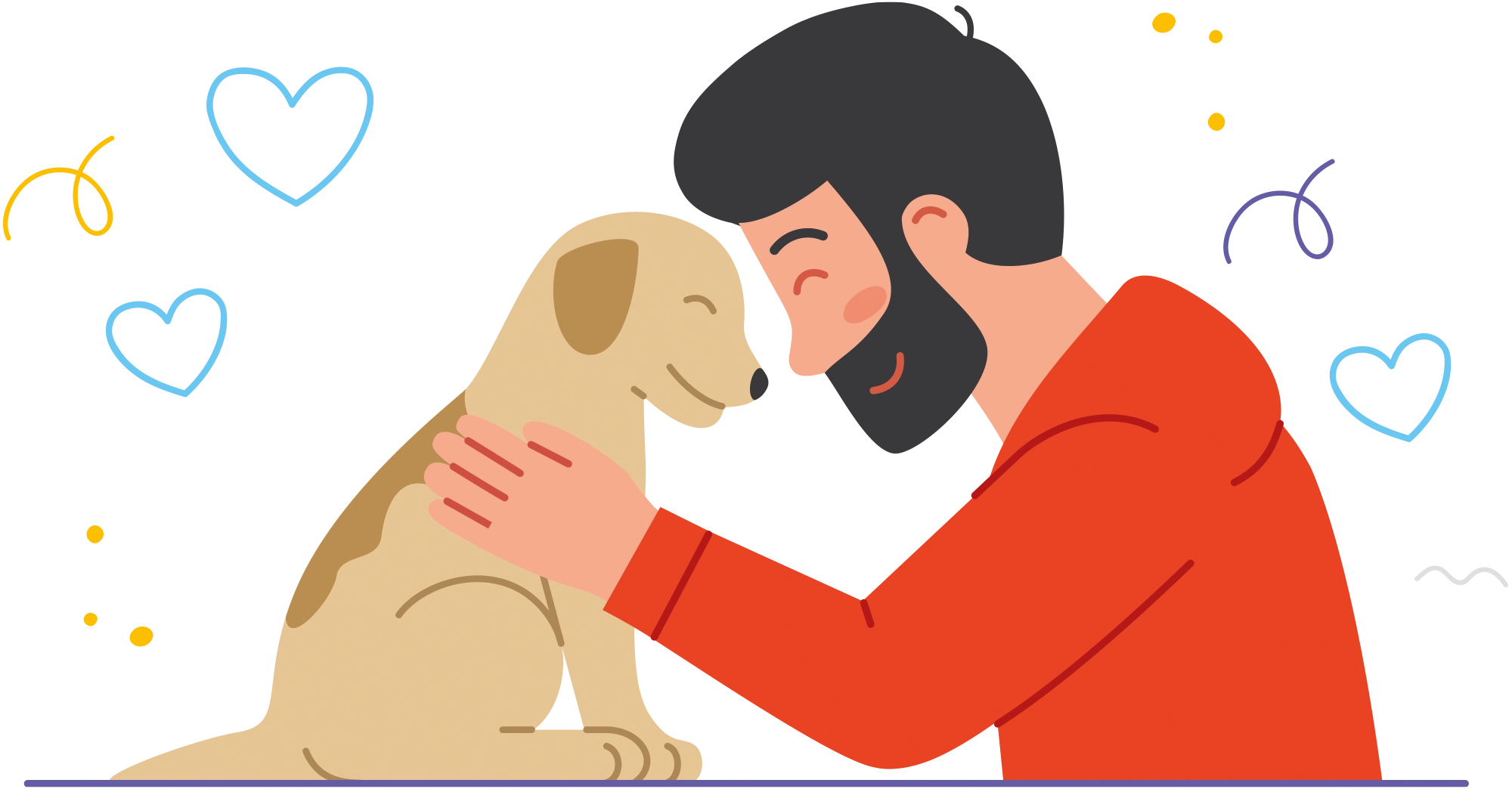 A heartwarming illustration of a bearded man in a red hoodie gently pressing his forehead against a small, happy dog's head.