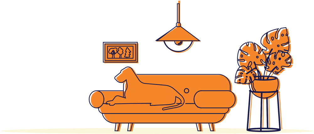 Orange and dark blue stylized line art illustration of a dog lying on a sofa. The scene includes a hanging lamp above the dog, a framed picture on the wall, and a potted monstera plant to the right.