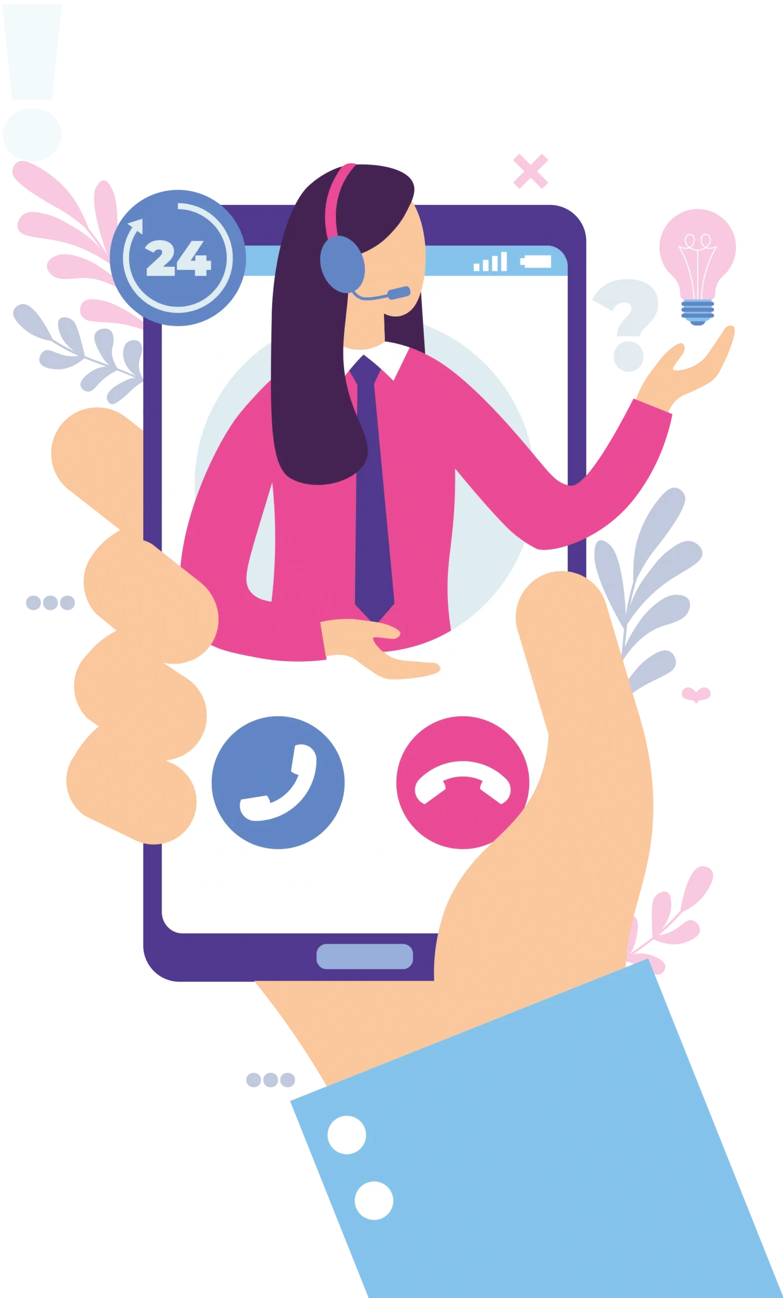 An illustration of a hand holding a smartphone during a call with a virtual assistant wearing a headset and holding a glowing lightbulb idea icon.