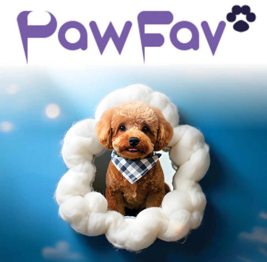 PawFav logo layered on top of a brown poodle puppy peering through a cotton-like cloud cutout; The puppy is wearing a navy blue and white checkered neck bandana