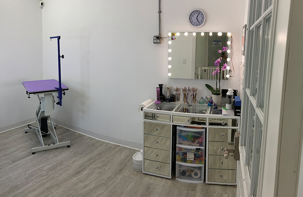 A private grooming suite with a purple grooming table and a mirrored vanity desk illuminated by lightbulbs and holding grooming tools.