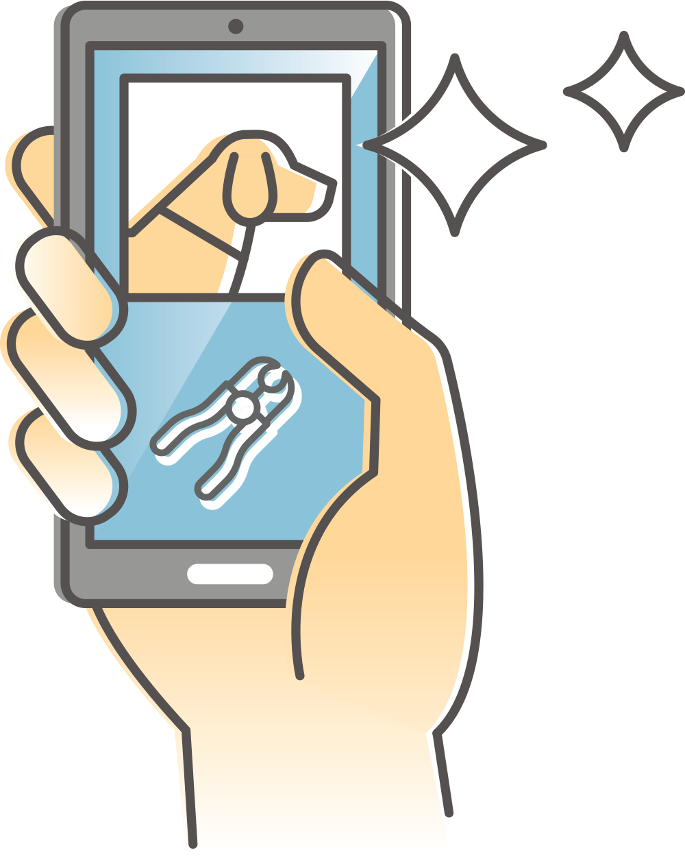 Illustration of a hand holding a smartphone that displays a pet icon and a tool icon on the screen with surrounding sparkle graphics.