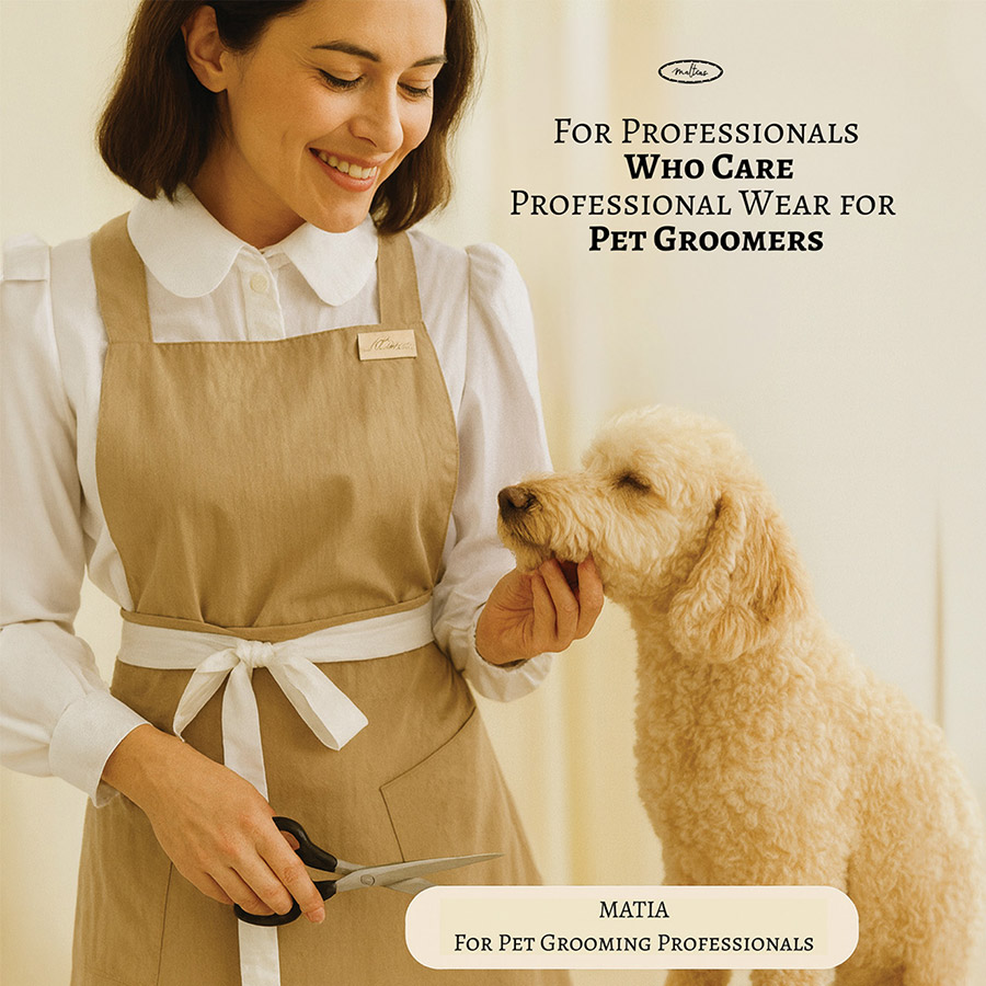 MATIA Grooming Apparel product image display showing a smiling woman in a professional pet grooming apron standing next to a fluffy, light-colored poodle
