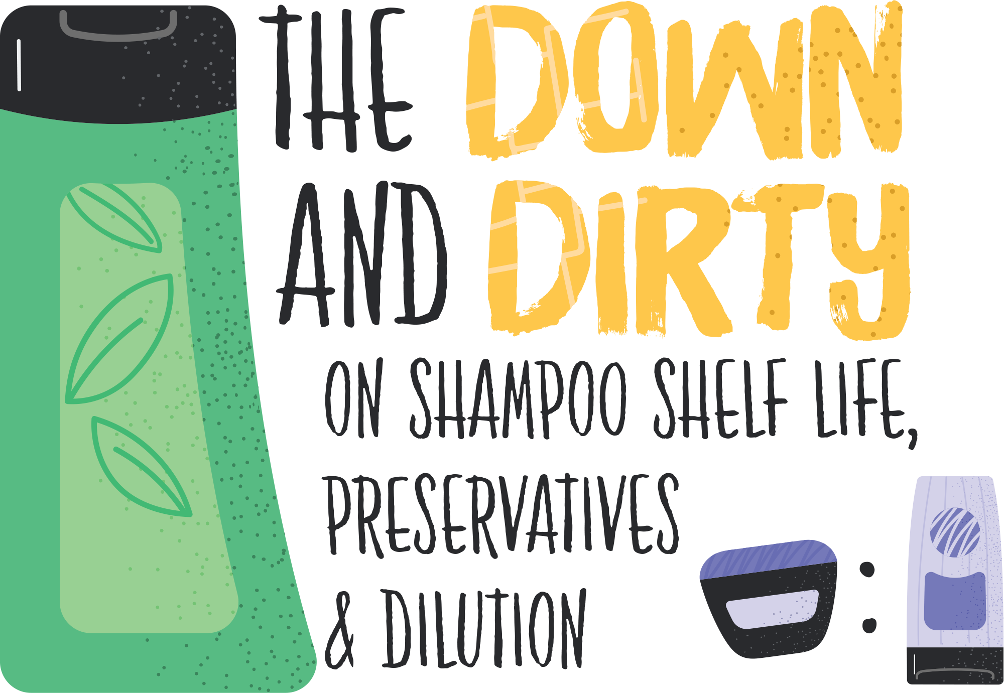Graphic text on a black background reading "THE DOWN AND DIRTY ON SHAMPOO SHELF LIFE".