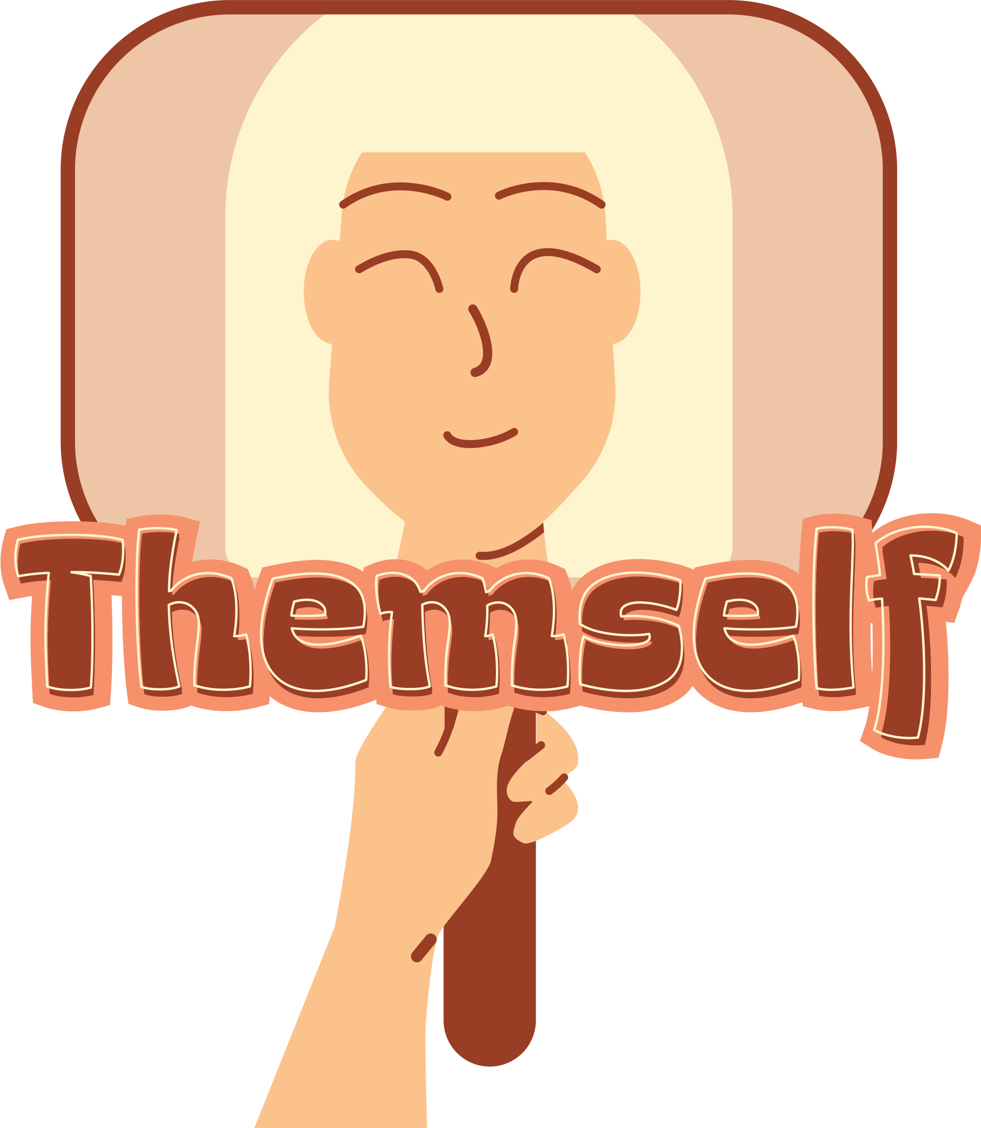 blonde woman looking at herself in hand held mirror with the word Themself