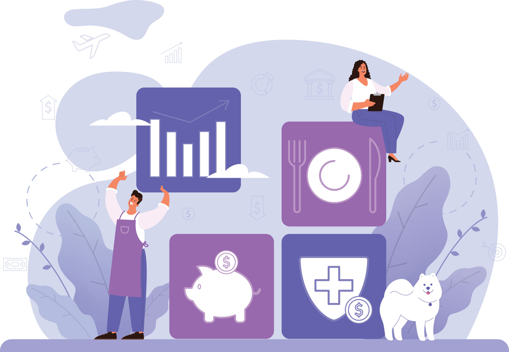 Illustration showing employee benefit icons for finance, healthcare, dining, and savings next to workers.