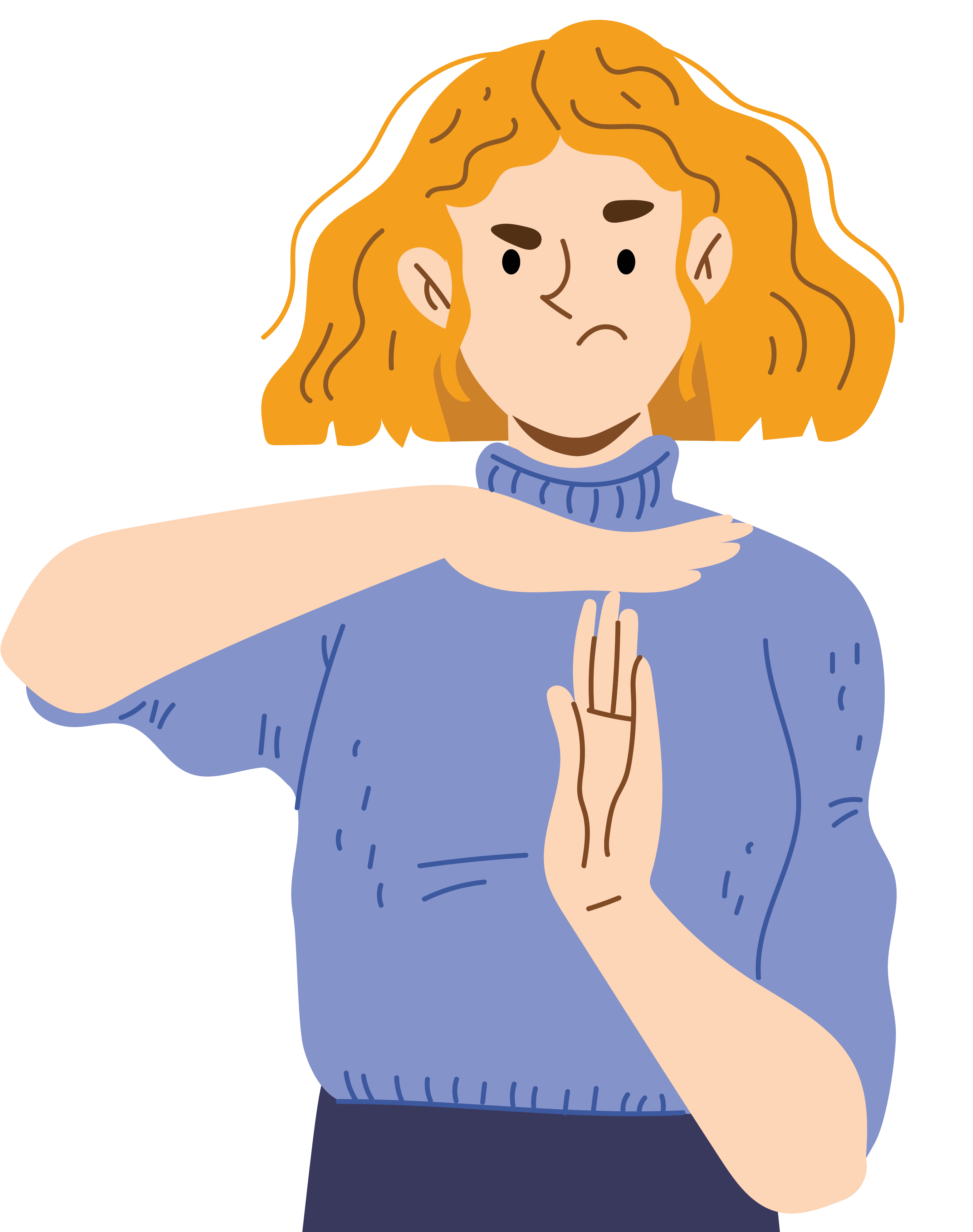An illustration of a woman in a blue sweater making a "time-out" hand gesture with a serious expression.