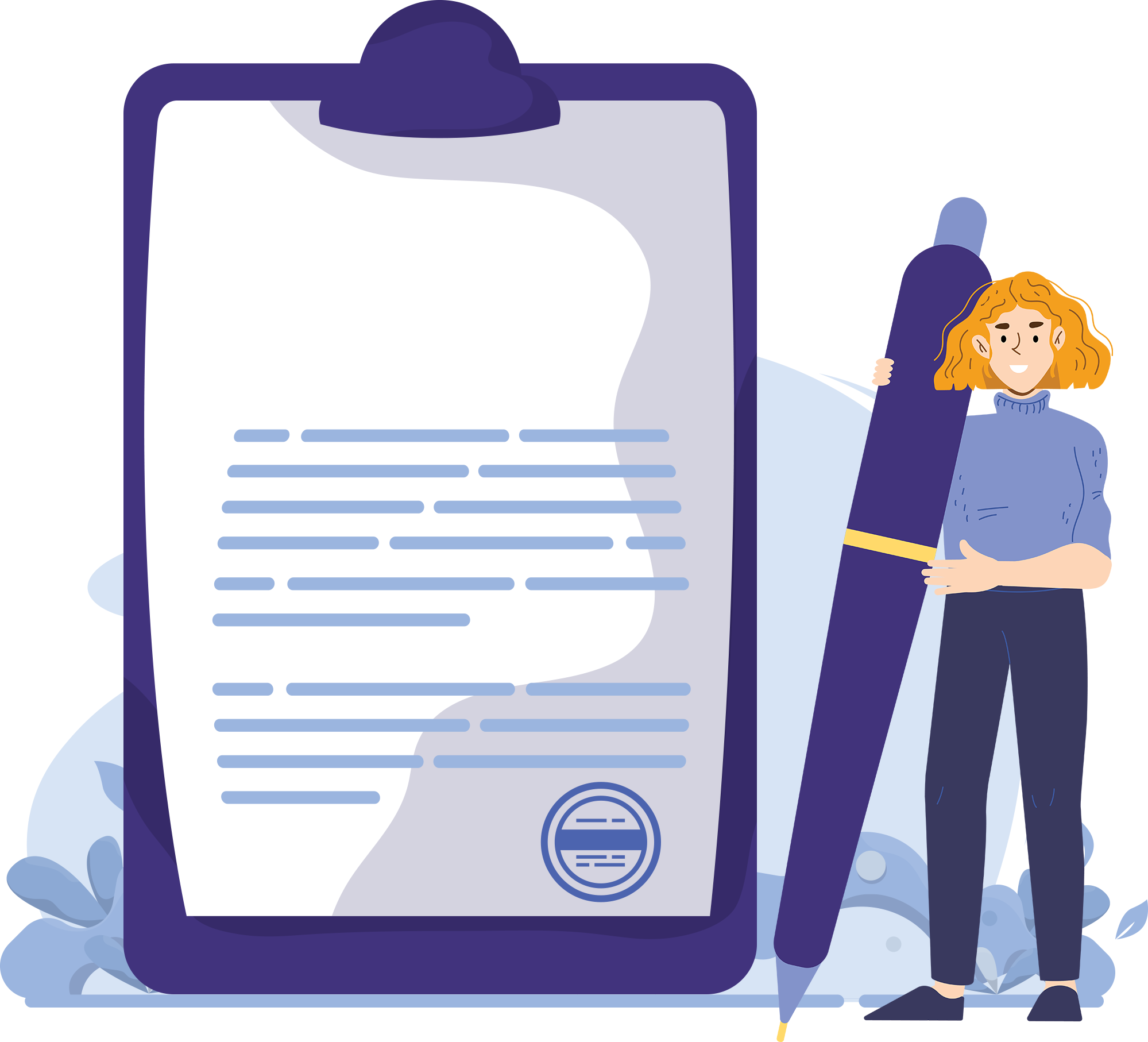 Purple illustrations of a clipboard and a woman holding a large pen.