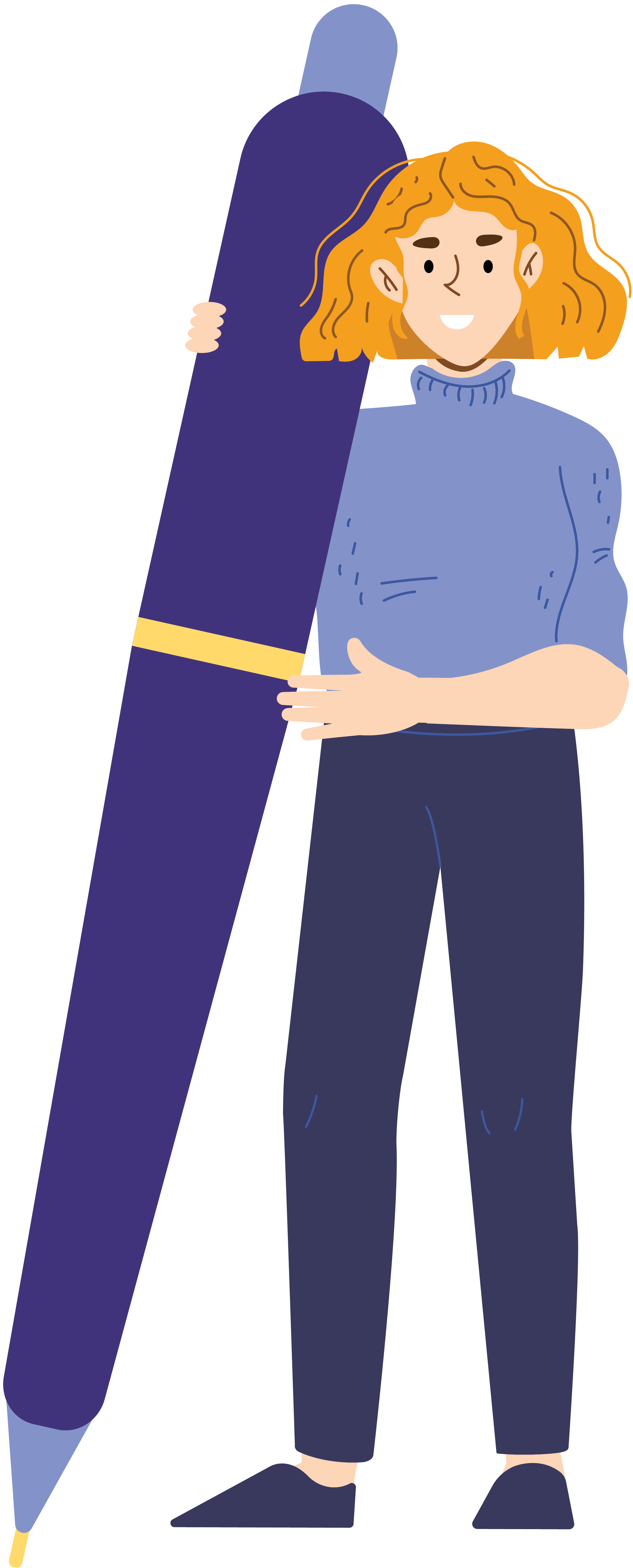 An illustration of a woman with red hair wearing a blue sweater and holding a large purple pen.