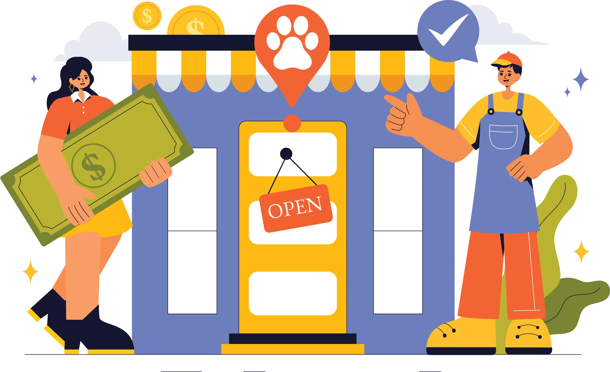 Vector illustration of a pet store storefront with a paw print icon. A woman on the left holds a giant dollar bill, and a worker in an apron on the right points to a checkmark.
