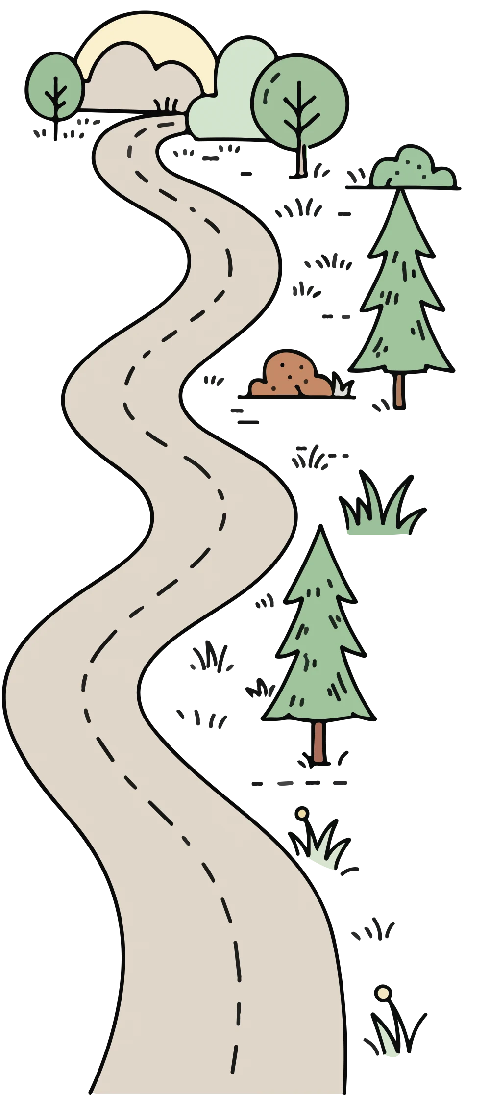 Vertical cartoon illustration of a winding road running through a landscape with pine trees, hills, and a cloud.