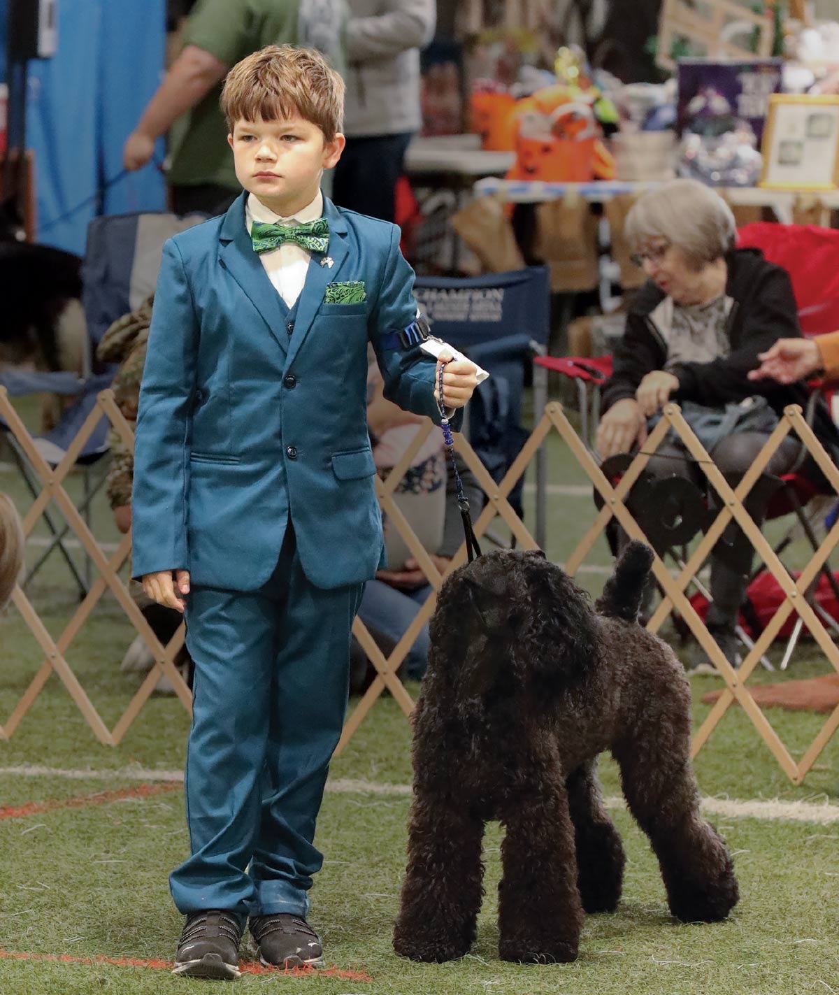 Young boy in a blue suit holding the leash of a black Kerry Blue Terrier at a dog show.