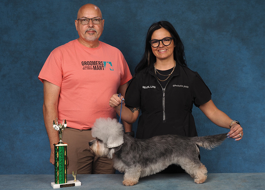 A groomer holding a blue lead poses a Dandie Dinmont Terrier alongside a presenter and trophy.