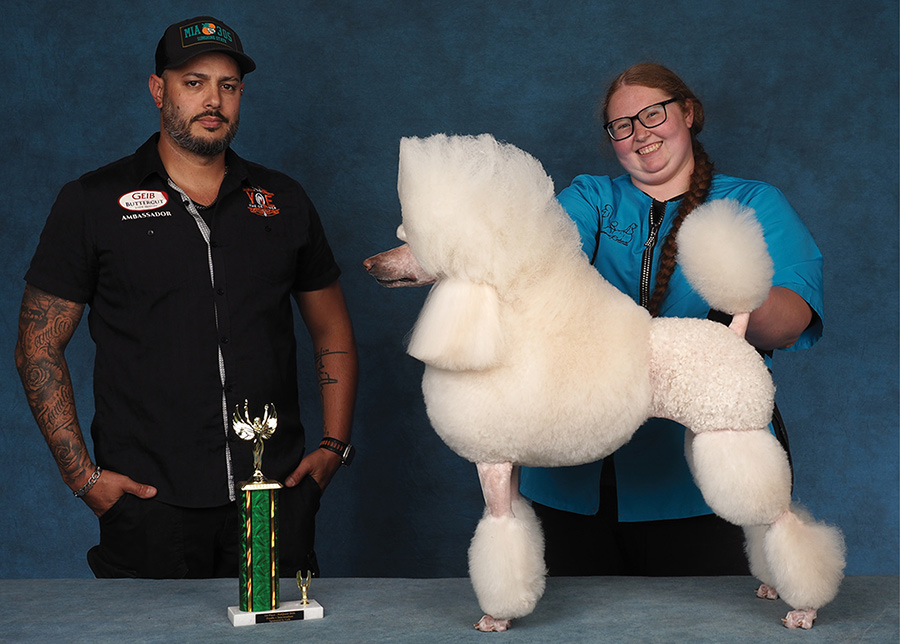 A presenter and a smiling groomer pose a groomed white Standard Poodle next to a trophy.