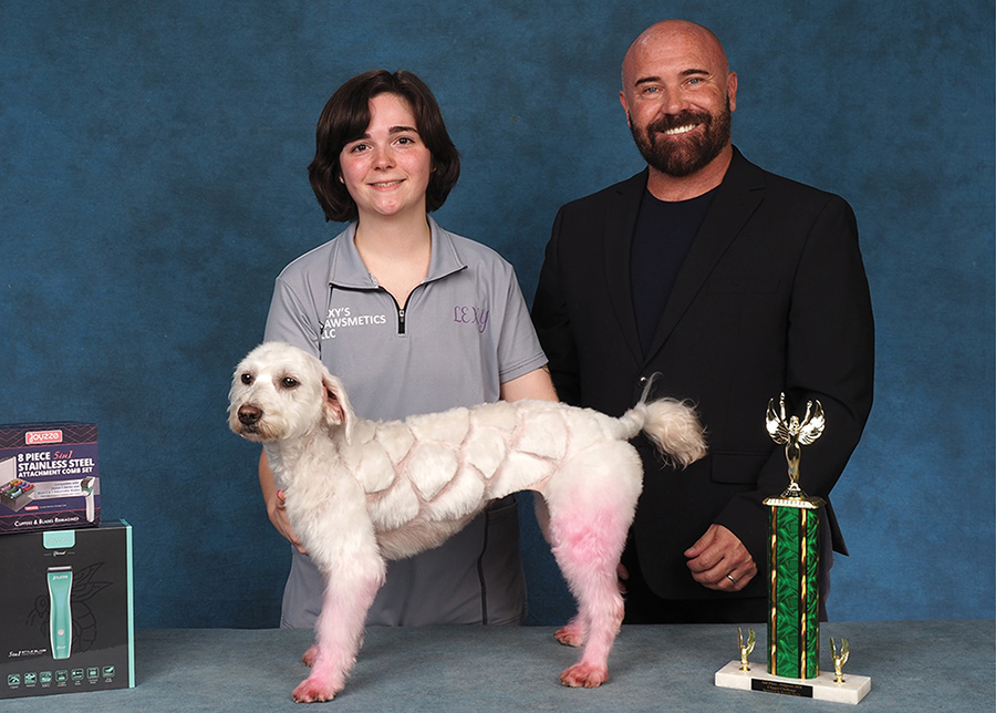 A groomer and presenter pose a white dog with creative carved and pink-dyed fur next to grooming products and a trophy.