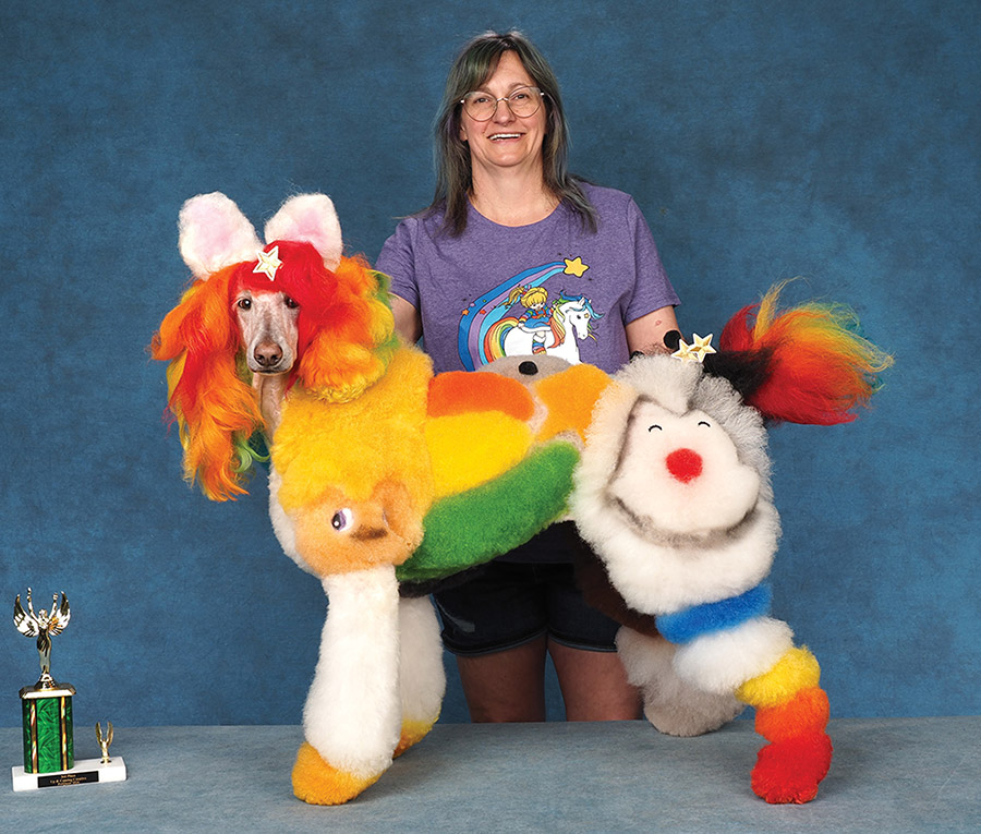 A woman in a graphic shirt poses a Standard Poodle creatively styled with bright rainbow colors and character designs.