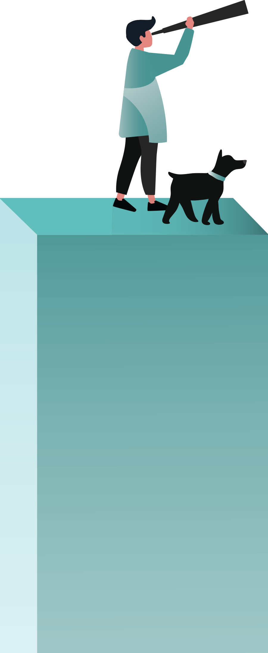 An illustration of a person with a spyglass and dog standing atop a graph.