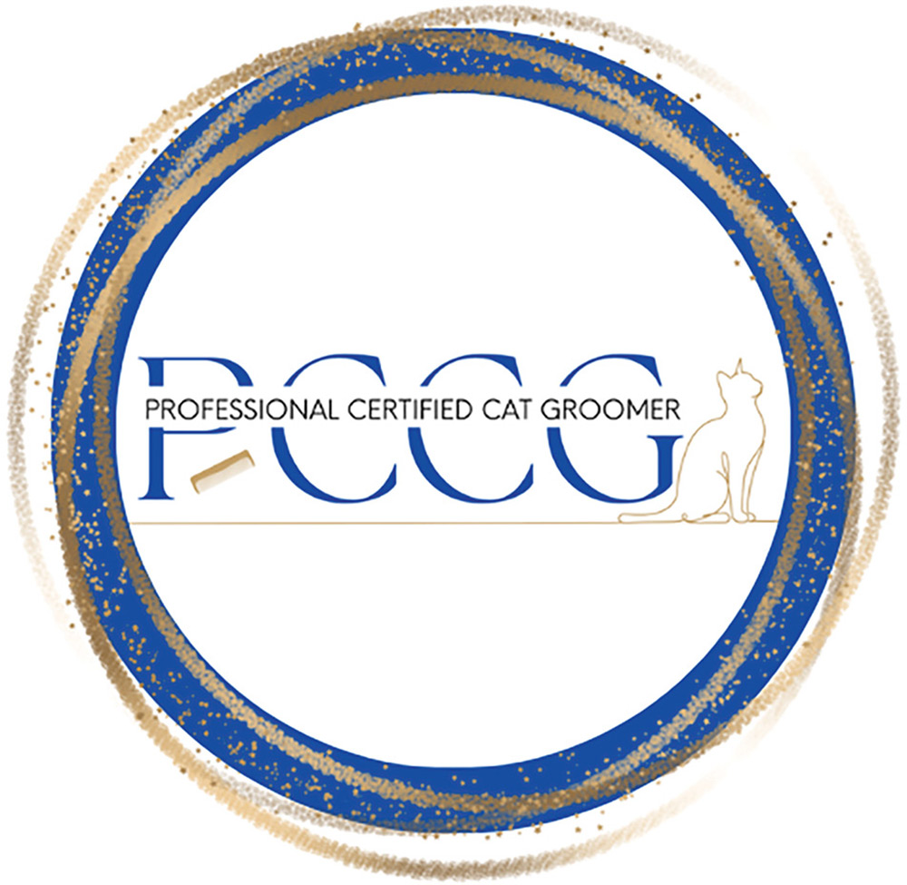 Circular logo for Professional Certified Cat Groomer (PCCG) inside a blue and gold border.