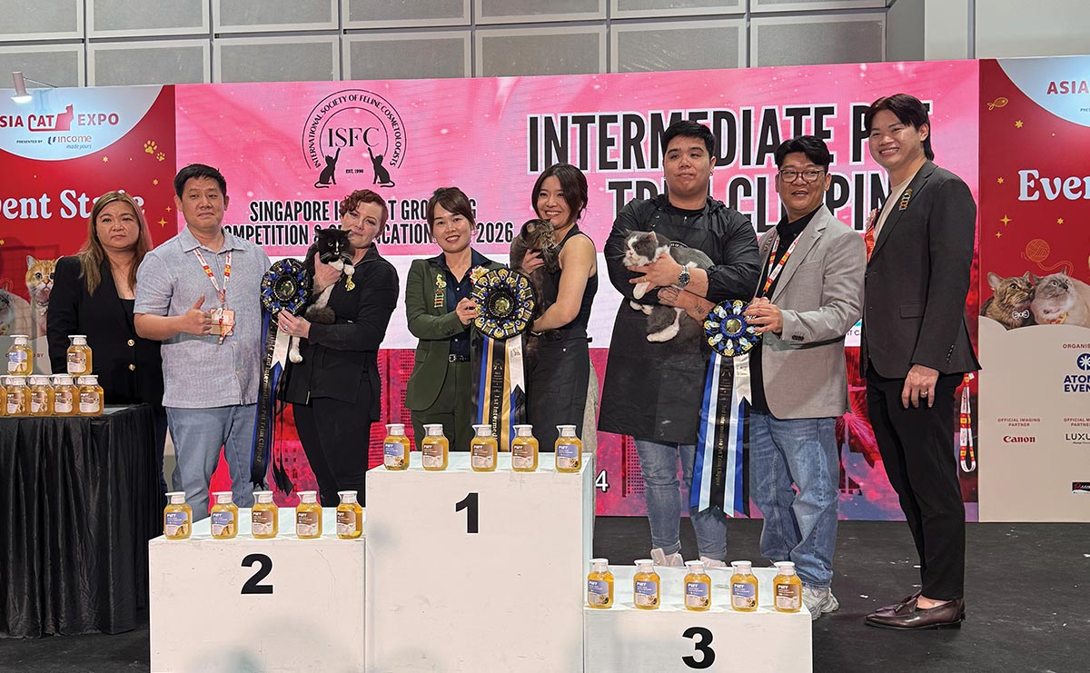 Award winners pose on a podium holding groomed cats and ribbons at the 2026 Singapore Cat Grooming Competition stage.