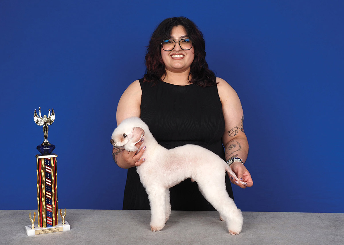 A smiling woman wearing glasses poses a groomed white Bedlington Terrier next to a tall award trophy against a blue background.