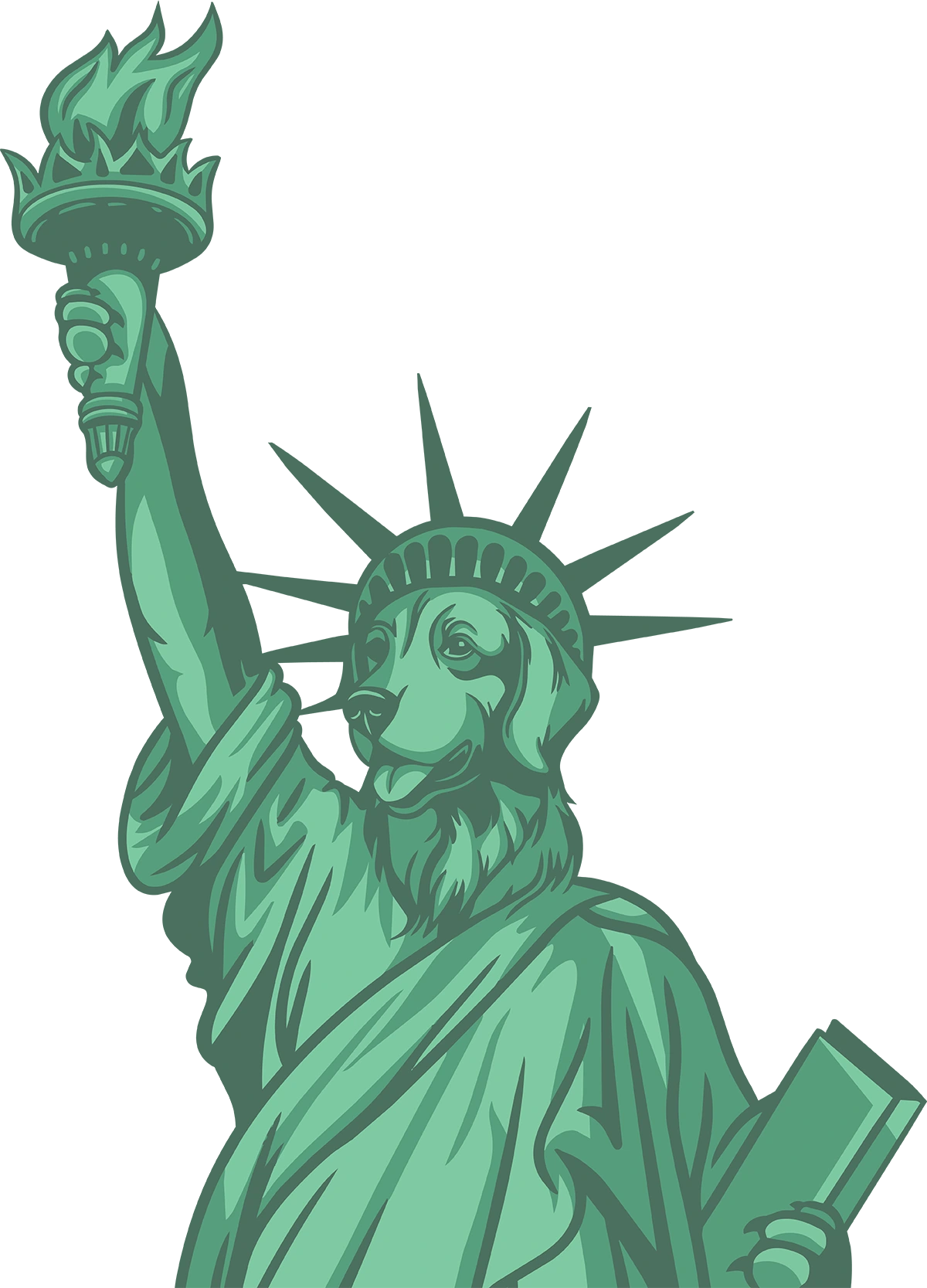 Green graphic illustration of the Statue of Liberty styled with a dog's face, holding a lit torch and tablet.