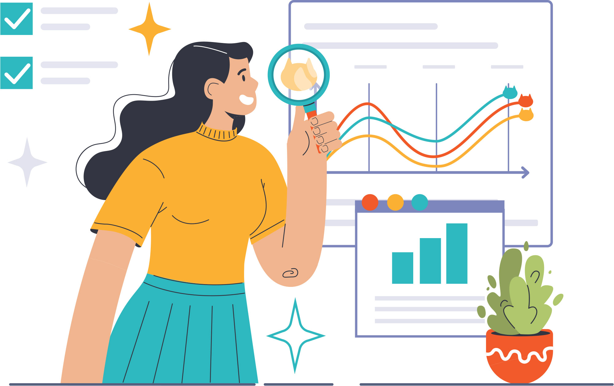 Illustration of a woman holding a magnifying glass near analytics graphs and charts.