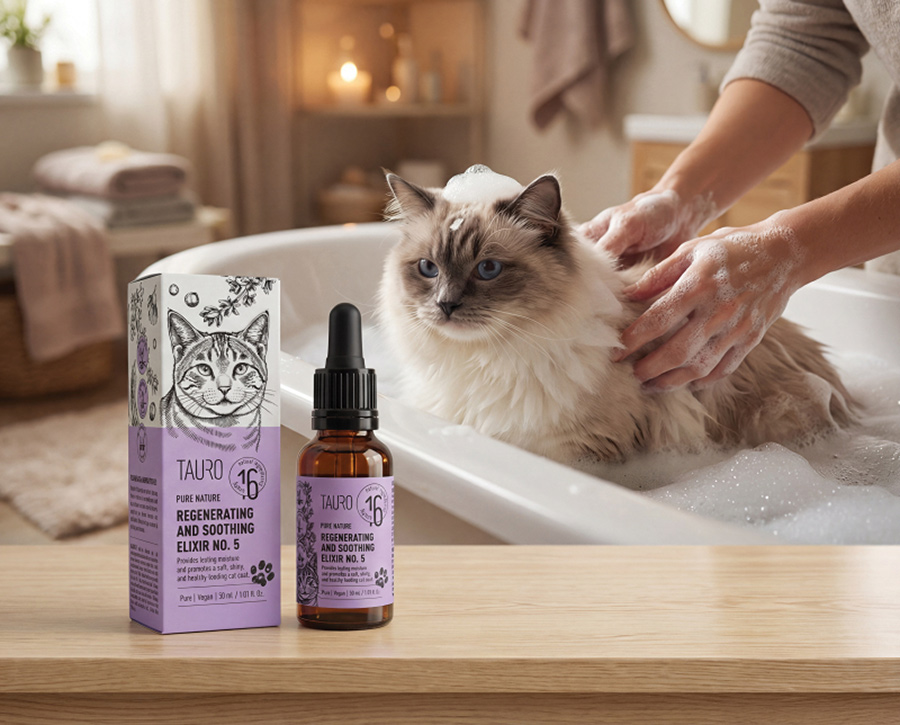 Fluffy cat getting washed in a tub next to Tauro Pro Line elixir products.