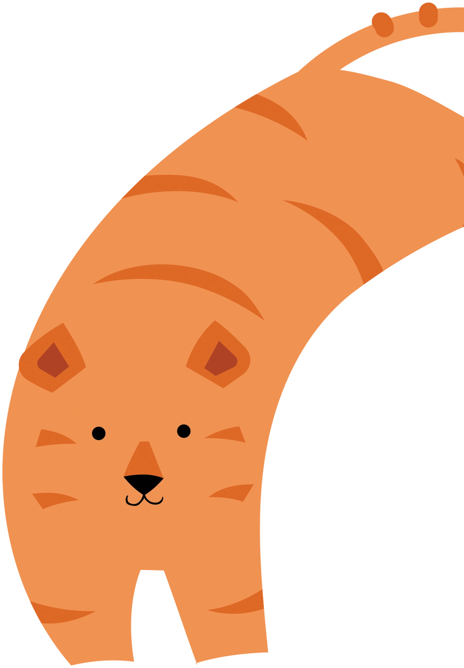Stylized orange tiger illustration curving into an arch with dark stripes and a dotted tail.