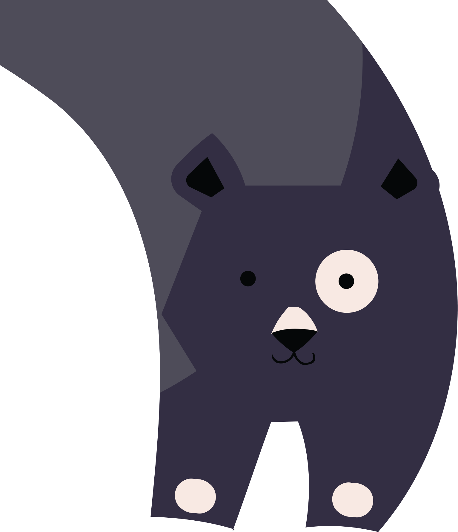 Cute dark grey cat illustration curving downward with a white patch over one eye.